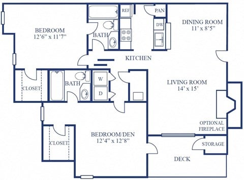 Floor plan for 2 beds, 2 baths, 1127 sqft